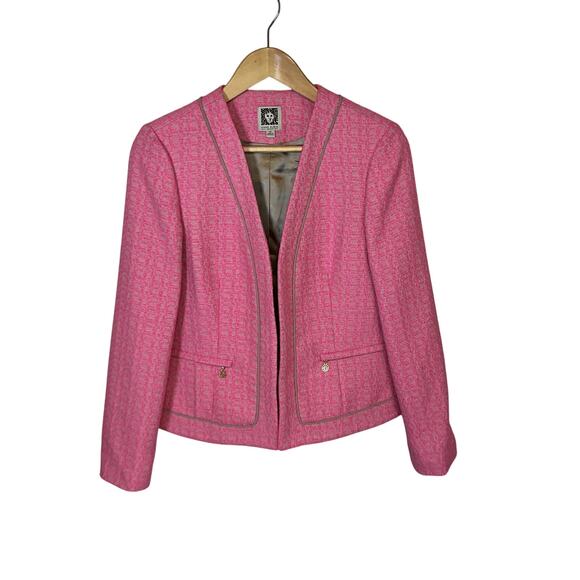 Anne Klein Tweed Pink Blazer Jacket Open Front Long Sleeve Petite Women's 10P - Picture 1 of 10